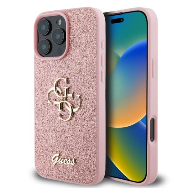 Guess PU Fixed Glitter 4G Metal Logo Pink Kryt iPhone 16 Pro