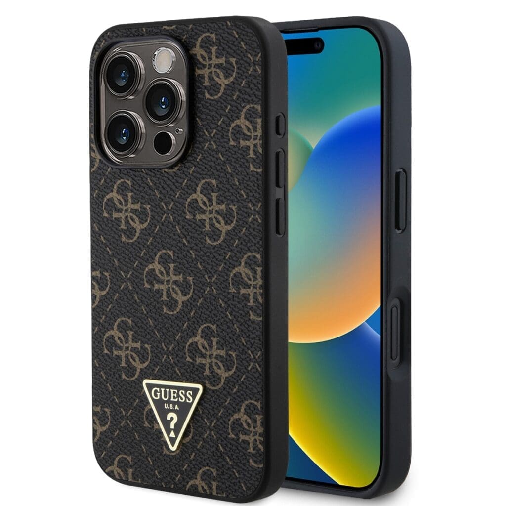 Guess PU Leather 4G Triangle Metal Logo Black Kryt iPhone 16 Pro Max