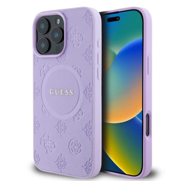 Guess Saffiano Peony Stamp MagSafe Purple Kryt iPhone 16 Pro Max