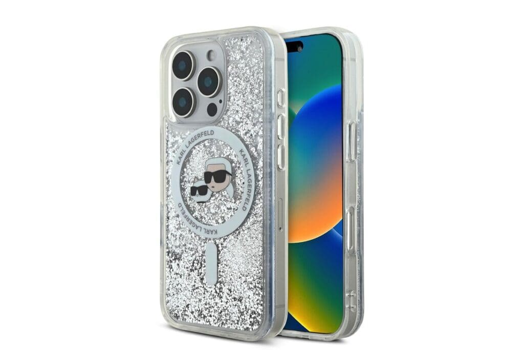 Karl Lagerfeld Liquid Glitter Karl and Choupette Heads MagSafe Transparent Kryt iPhone 16 Pro