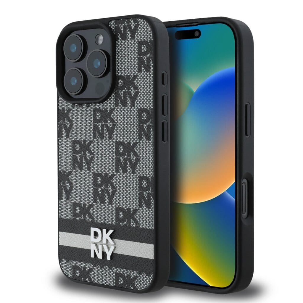 DKNY PU Leather Checkered Pattern and Stripe Black Kryt iPhone 16 Pro Max