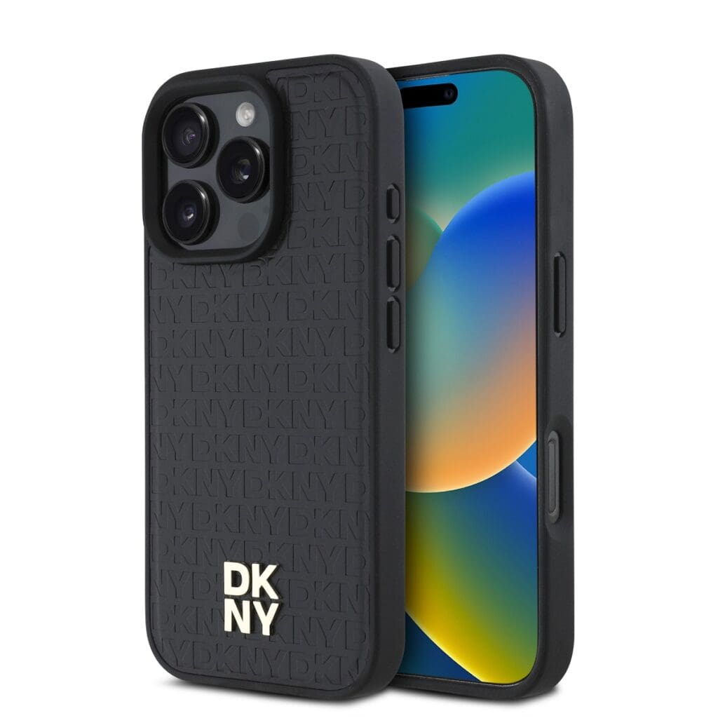 DKNY PU Leather Repeat Pattern Stack Logo MagSafe Black Kryt iPhone 16 Pro Max