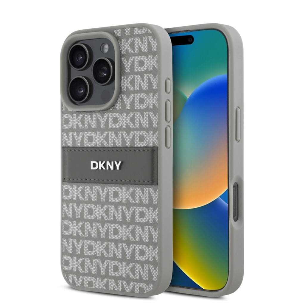 DKNY PU Leather Repeat Pattern Tonal Stripe Beige Kryt iPhone 16 Pro Max