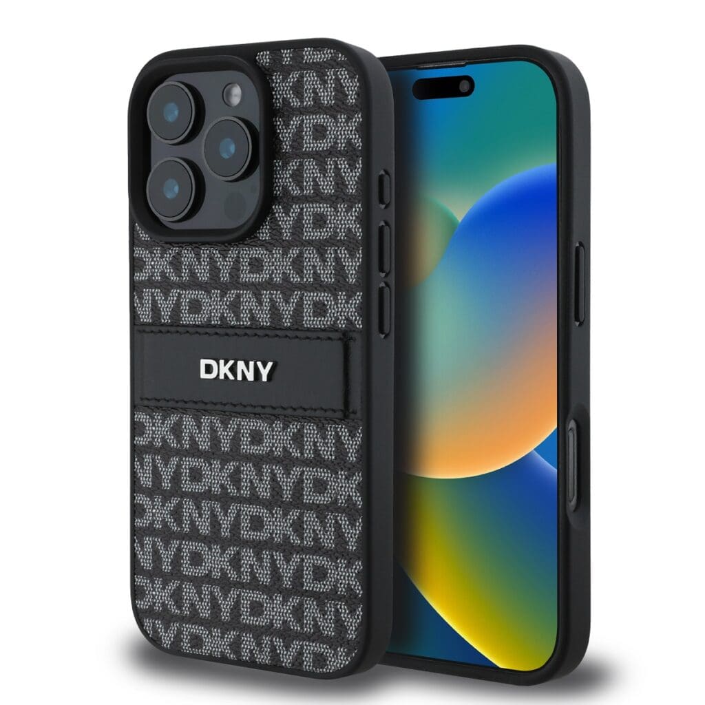 DKNY PU Leather Repeat Pattern Tonal Stripe Black Kryt iPhone 16 Pro Max