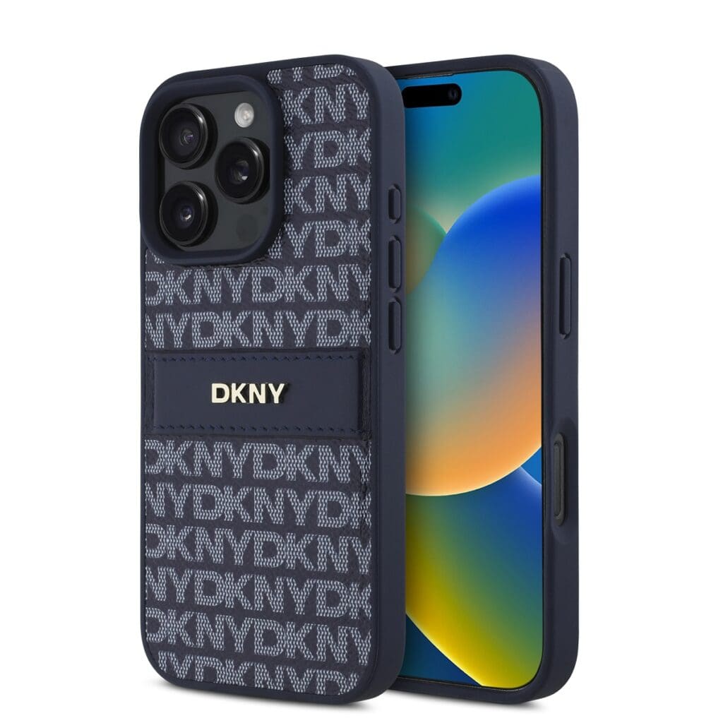 DKNY PU Leather Repeat Pattern Tonal Stripe Blue Kryt iPhone 16 Pro Max