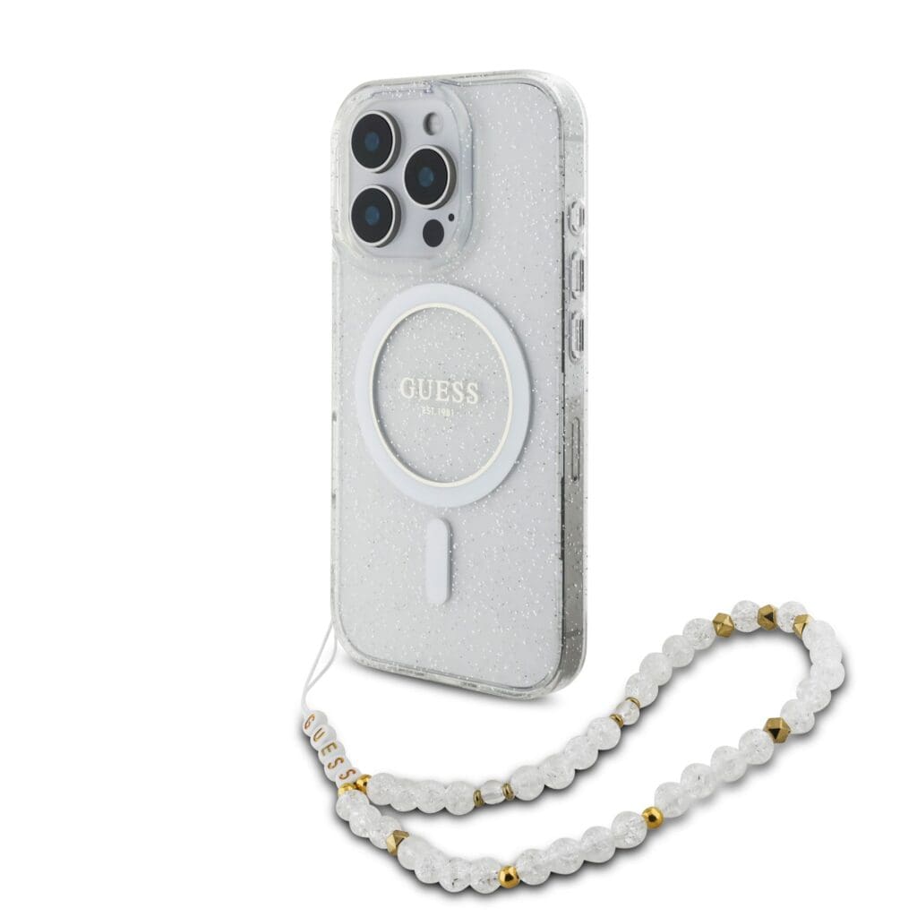 Guess IML Glitter Beads Strap MagSafe Transparent Kryt iPhone 16 Pro