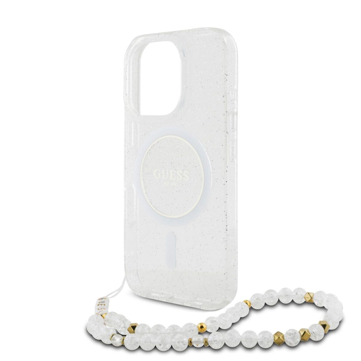 Guess IML Glitter Beads Strap MagSafe Transparent Kryt iPhone 16 Pro