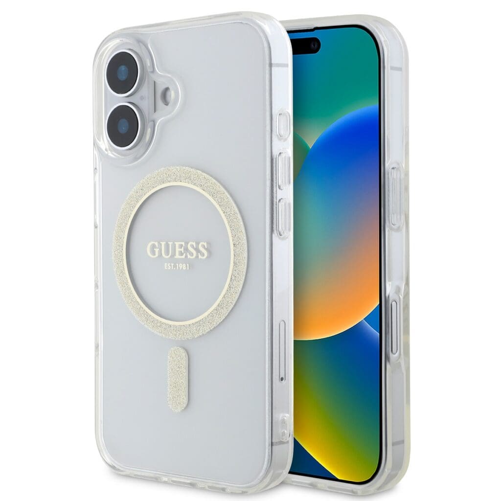 Guess IML Glitter Ring MagSafe Transparent Kryt iPhone 16 Plus