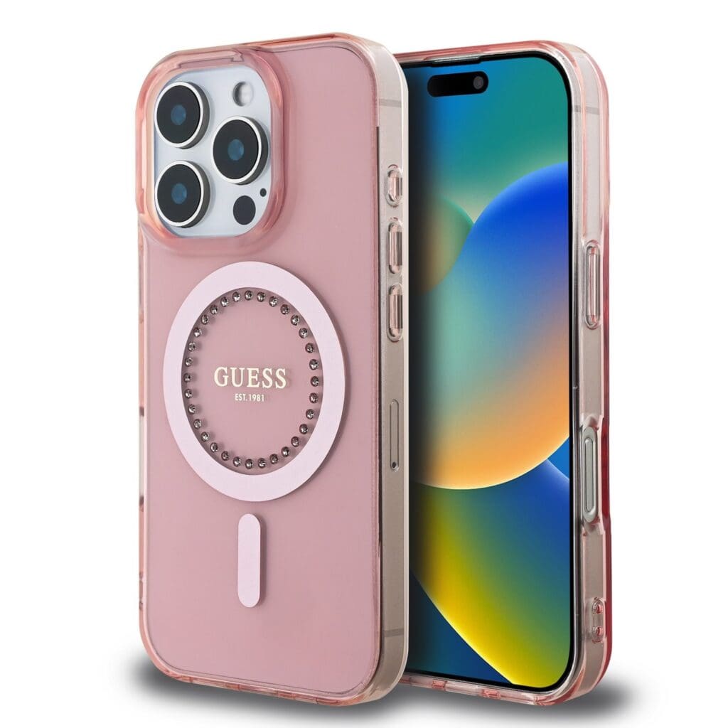 Guess IML Rhinestones Ring MagSafe Pink Kryt iPhone 16 Pro