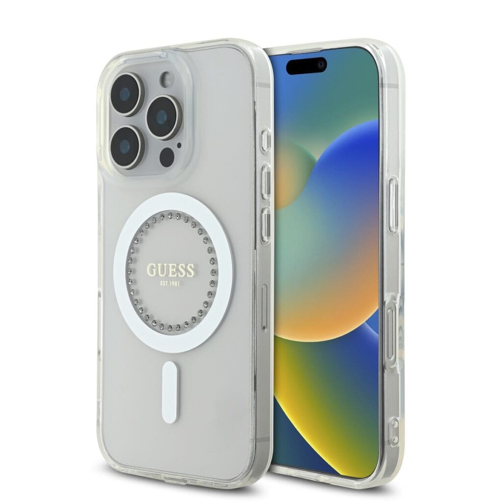 Guess IML Rhinestones Ring MagSafe White Kryt iPhone 16 Pro
