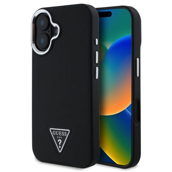 Guess PU Grained Triangle Logo Black Kryt iPhone 16