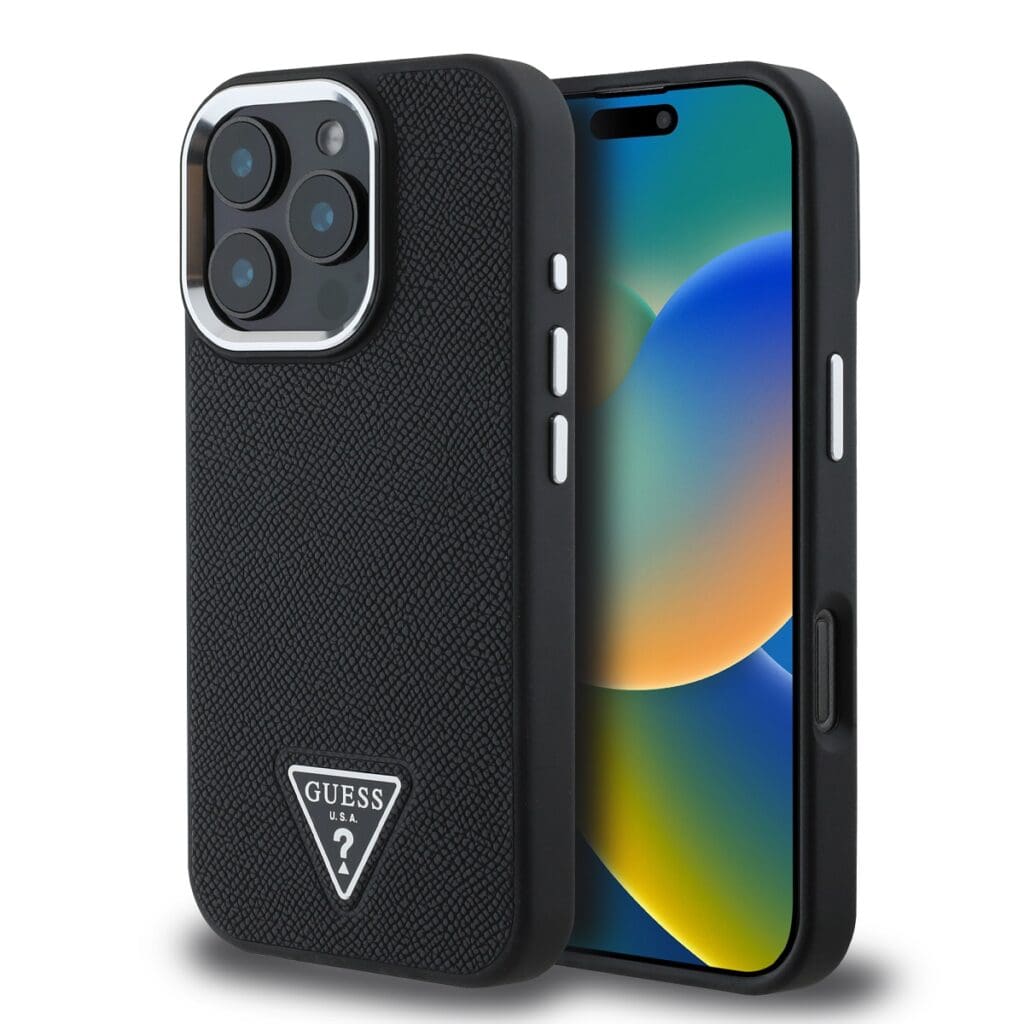 Guess PU Grained Triangle Logo Black Kryt iPhone 16 Pro