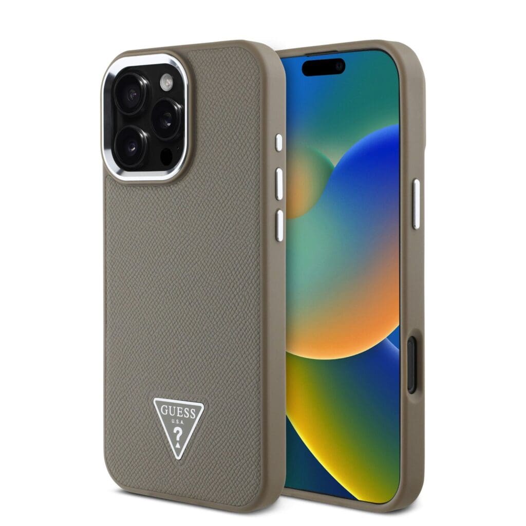 Guess PU Grained Triangle Logo Brown Kryt iPhone 16 Pro