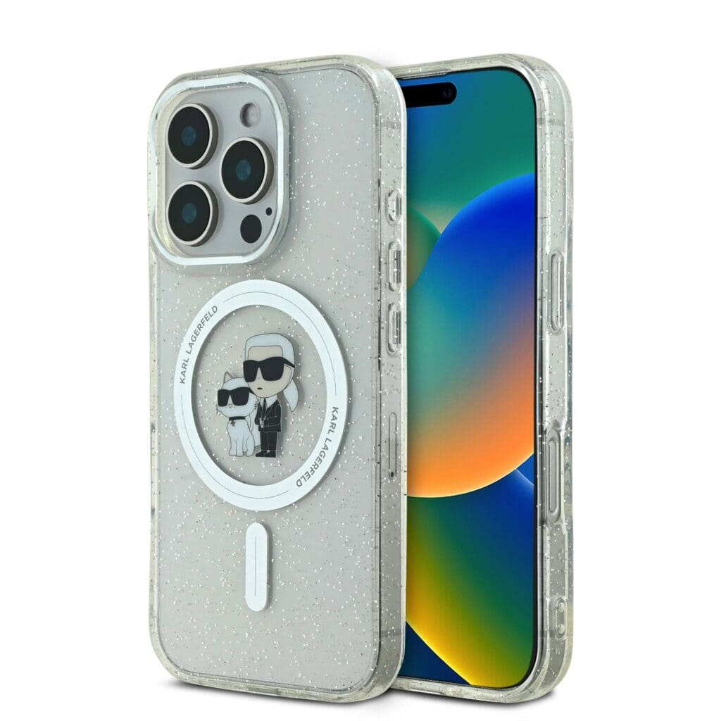 Karl Lagerfeld IML Glitter Karl and Choupette MagSafe Transparent Kryt iPhone 16 Pro