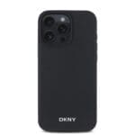 DKNY PU Leather Silver Metal Logo MagSafe Black Kryt iPhone 16 Pro