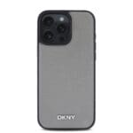 DKNY PU Leather Silver Metal Logo MagSafe Grey Kryt iPhone 16 Pro