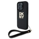 DKNY PU Leather Stack Logo Wrist Strap Black Kryt iPhone 16 Pro