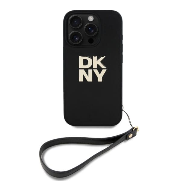 DKNY PU Leather Stack Logo Wrist Strap Black Kryt iPhone 16 Pro