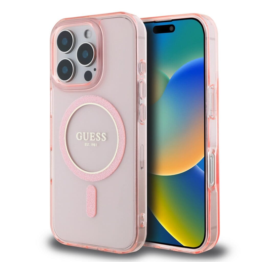 Guess IML Glitter Ring MagSafe Pink Kryt iPhone 16 Pro