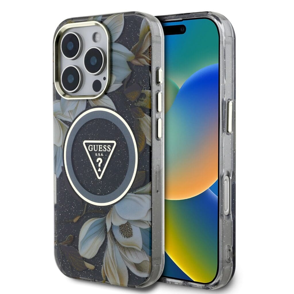 Guess IML Glitter Magnolia and Triangle Logo MagSafe Black Kryt iPhone 16 Pro