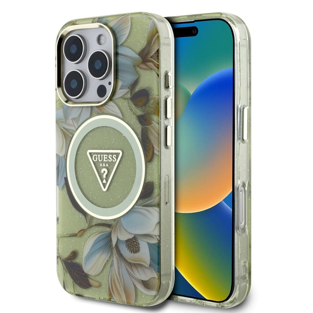 Guess IML Glitter Magnolia and Triangle Logo MagSafe Green Kryt iPhone 16 Pro