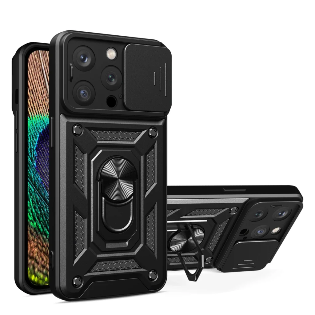Hybrid Armor Camshield Case With Stand And Camera Cover For - Black Kryt iPhone 15 Pro