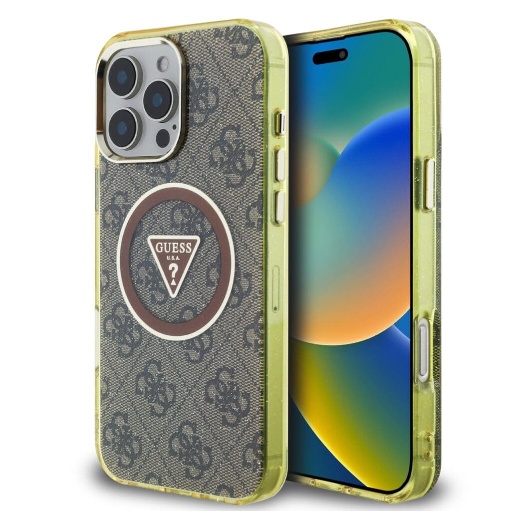 Guess IML 4G Glitter and Triangle Logo MagSafe Brown Kryt iPhone 16 Pro
