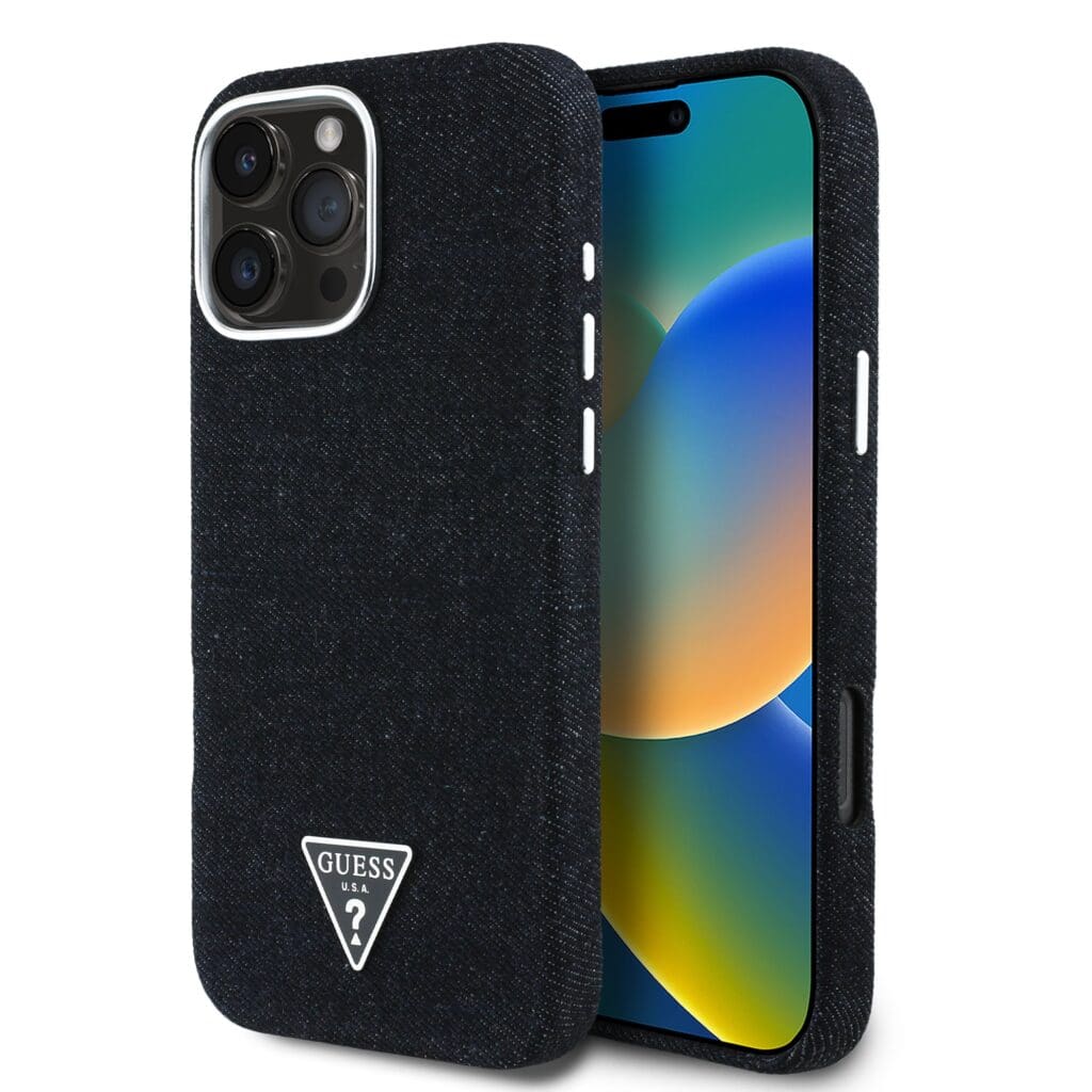 Guess Denim Triangle Logo MagSafe Black Kryt iPhone 16 Pro