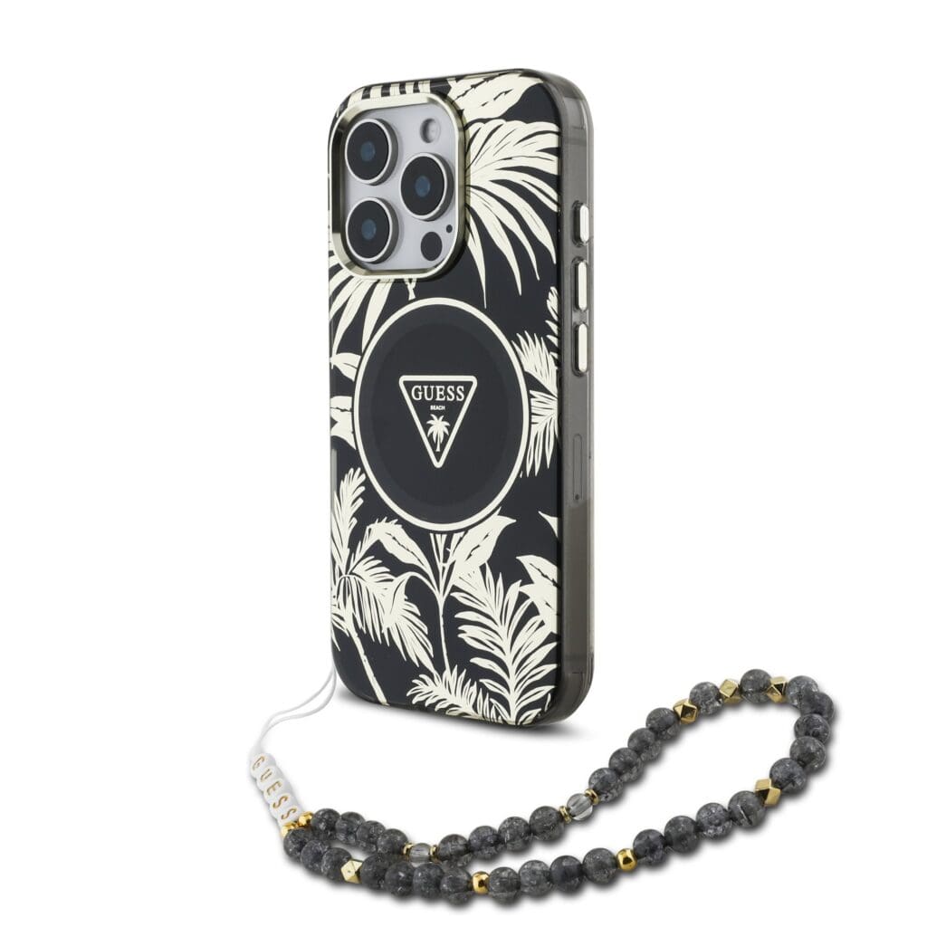 Guess IML Palm Trees Triangle Logo Pearl Strap MagSafe Black Kryt iPhone 16 Pro