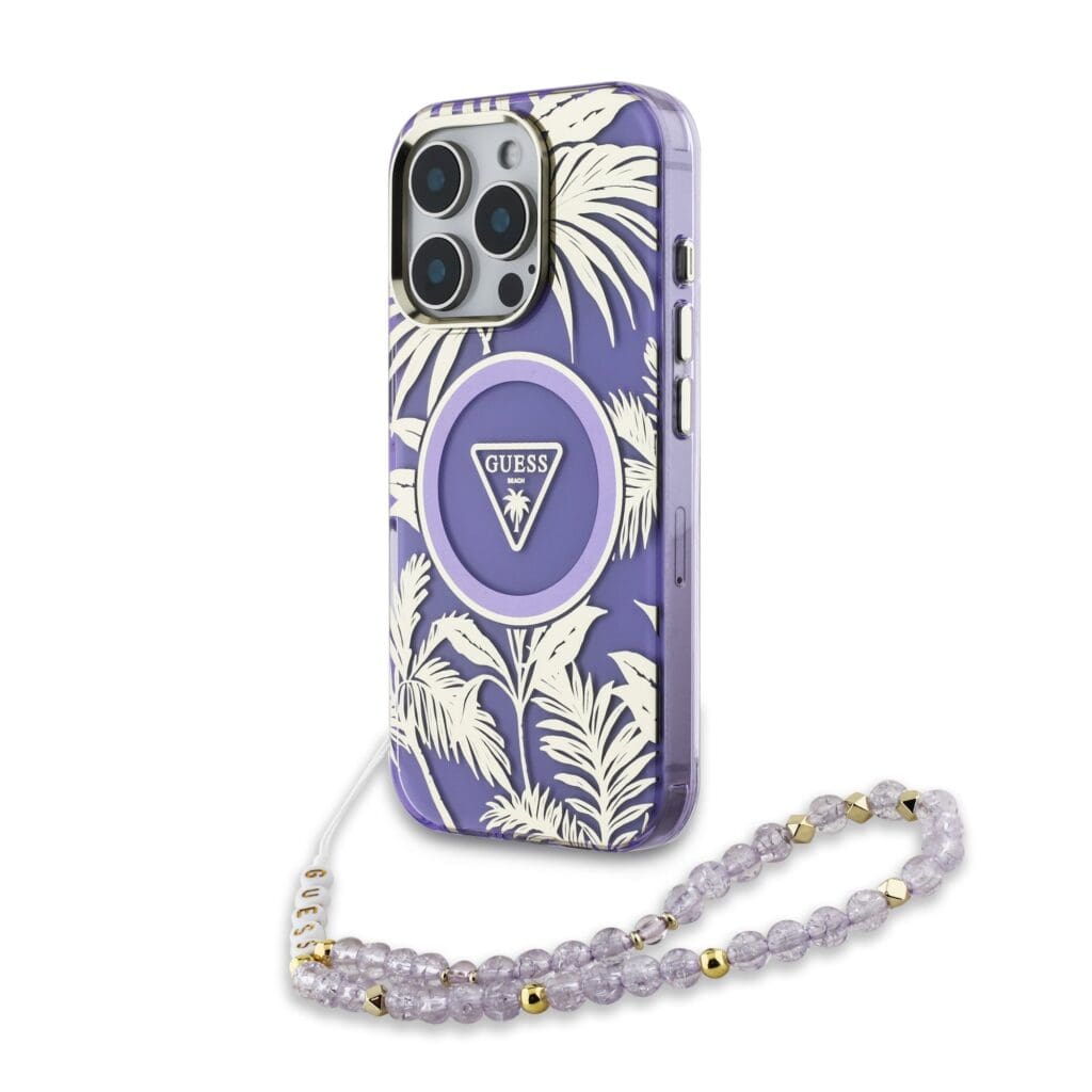 Guess IML Palm Trees Triangle Logo Pearl Strap MagSafe Purple Kryt iPhone 16 Pro